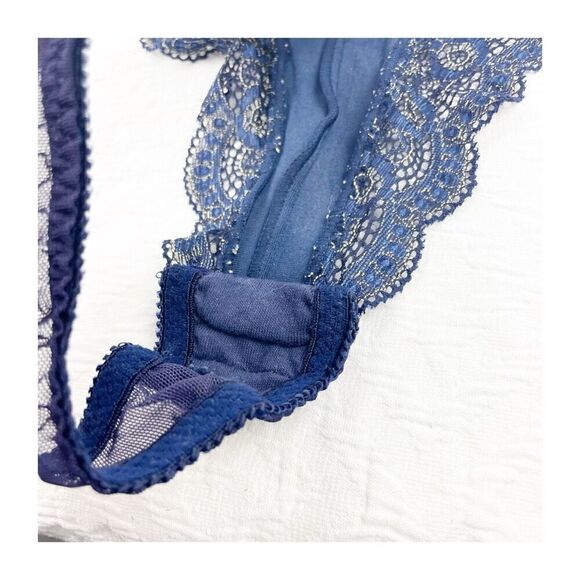 Vintage Victorias Secret Velvet lace one piece bodysuit royal blue deep v snap c - Picture 13 of 16